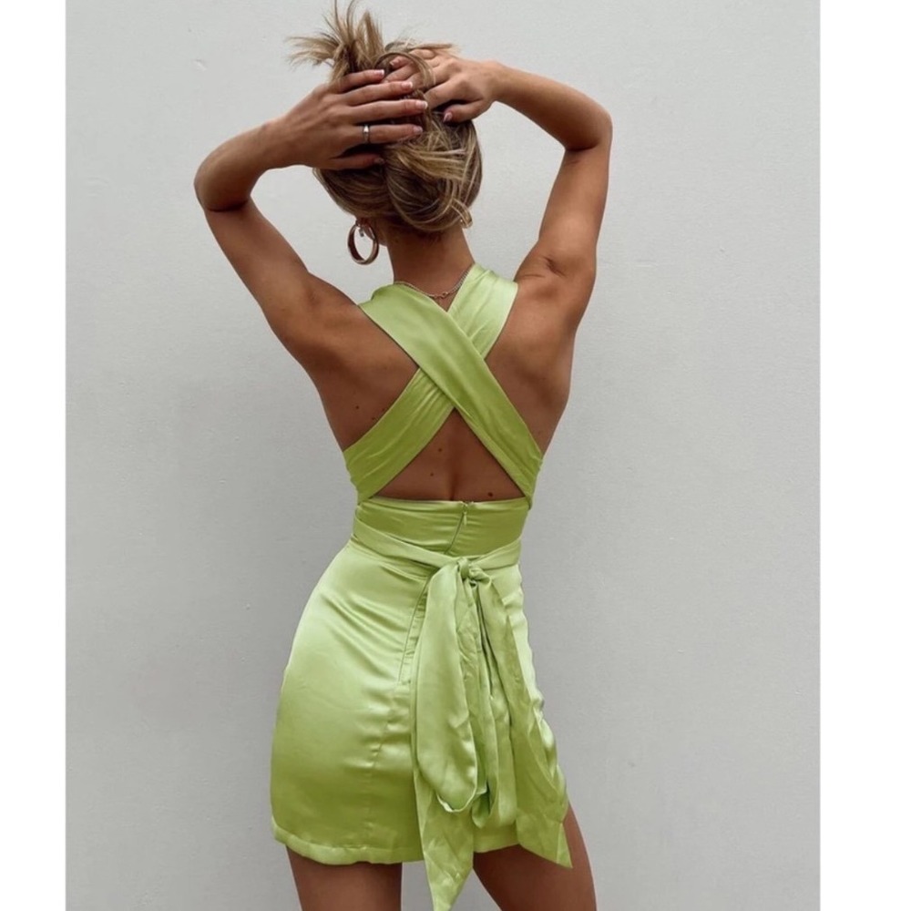 Princess Polly Lime Green Satin Halter Mini Dress - Picture 2 of 8